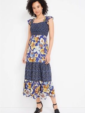 Nwot Smocked Blue Floral Maxi Dress with Ruffle Straps